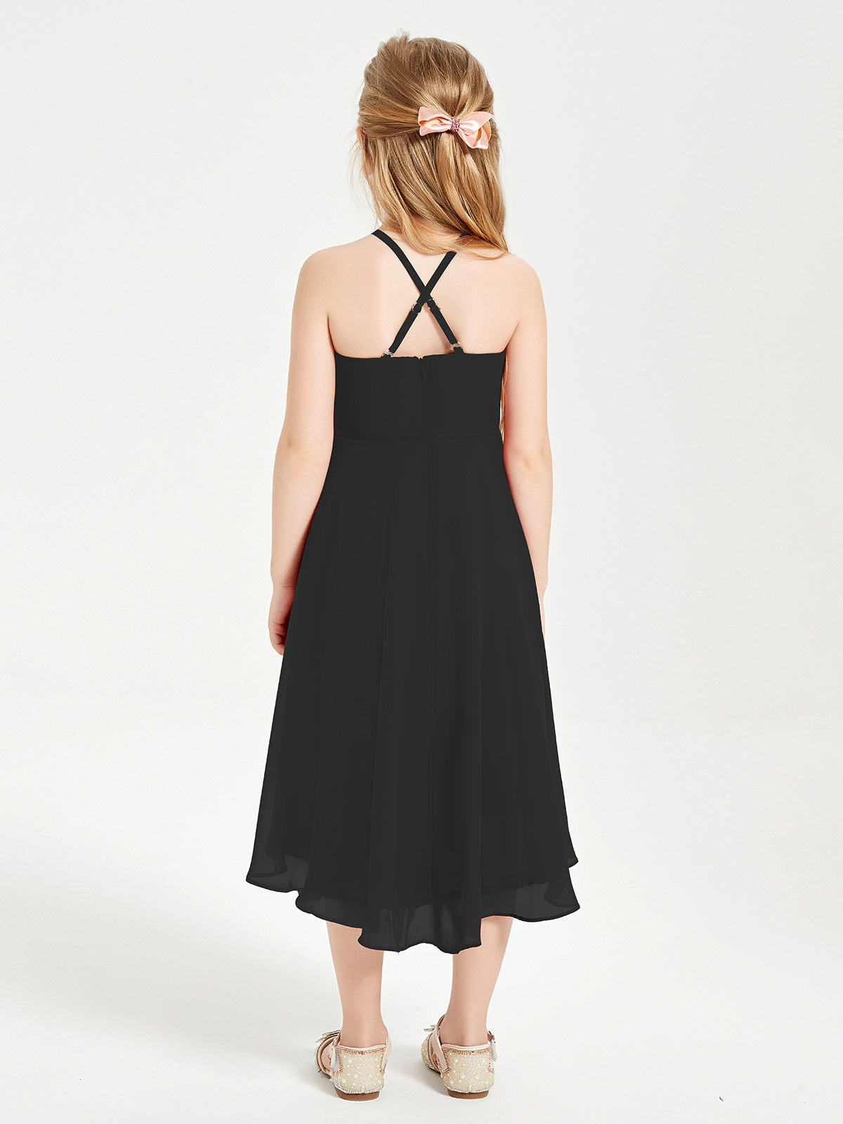 Tea Length Junior Bridesmaid Dresses with Asymmetrical Skirts Black